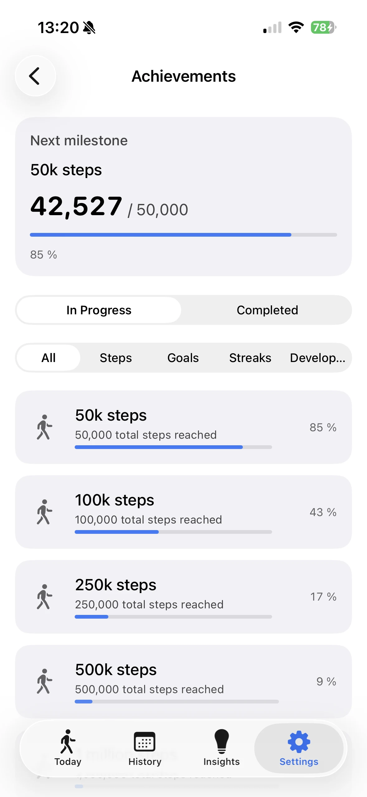 Stepluma Achievements mit persönlichen Meilensteinen